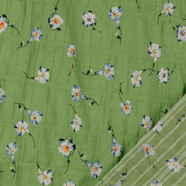 Slub Voile - Blüten auf lindgrün 